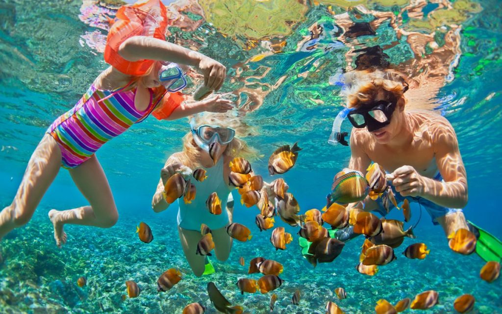 Man and three kids snorkeling with a school of fish