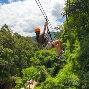a person ziplining in the forest